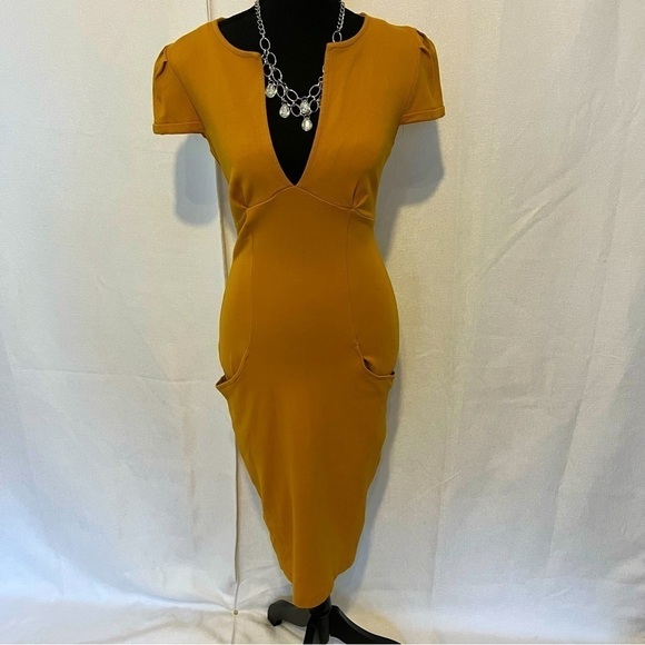 ASOS women’s mustard yellow dress. Cap sleeves. Plung neckline Y2K Size 6 - Picture 2 of 8